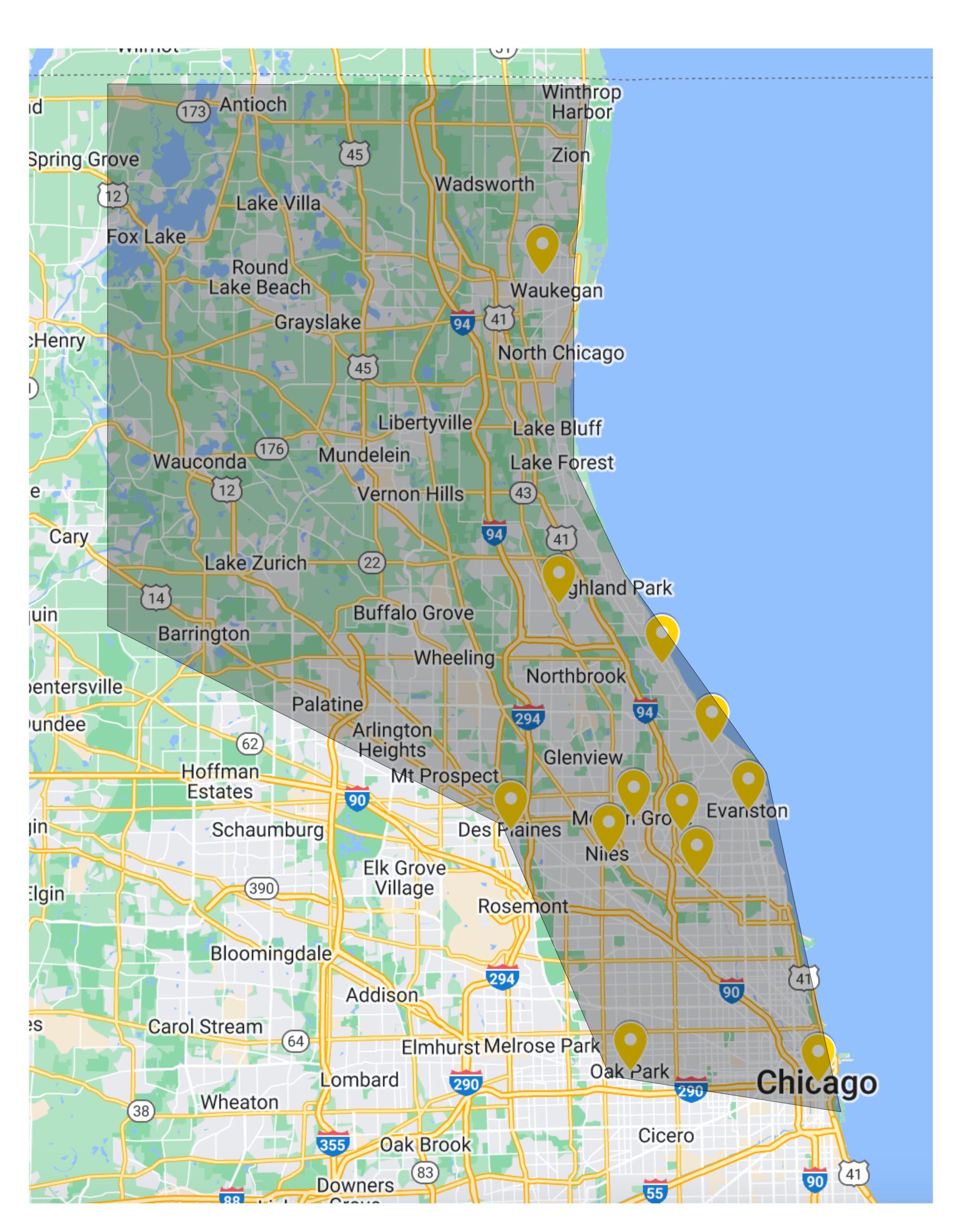 Map showing areas serviced by ServiceMaster Restoration by Simons